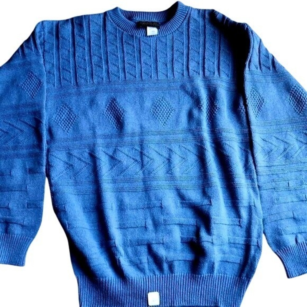 Vintage Grandpa Sweater Mens Large Blue Knit Pullover Long Sleeve Patterned‎